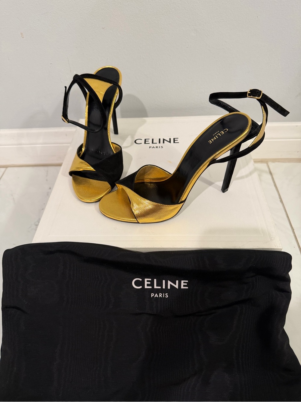 Celine Black and Gold Open-Toe Ankle-Strap Stilettos